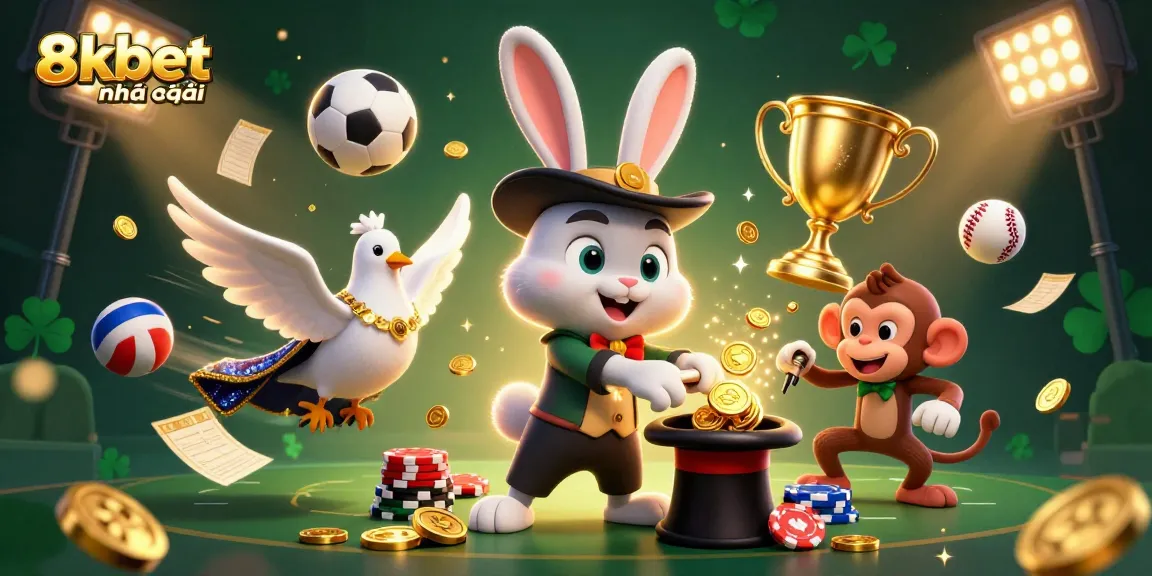 Experience the excitement of 8xbet nhà cái with a magical 3D scene featuring games, coins, and vibrant visuals.