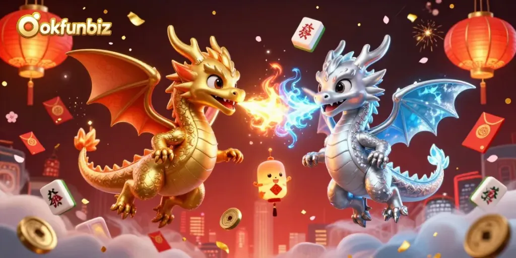 Engage in thrilling gaming at okfunbiz, where animated dragons symbolize fortune amidst casino elements.