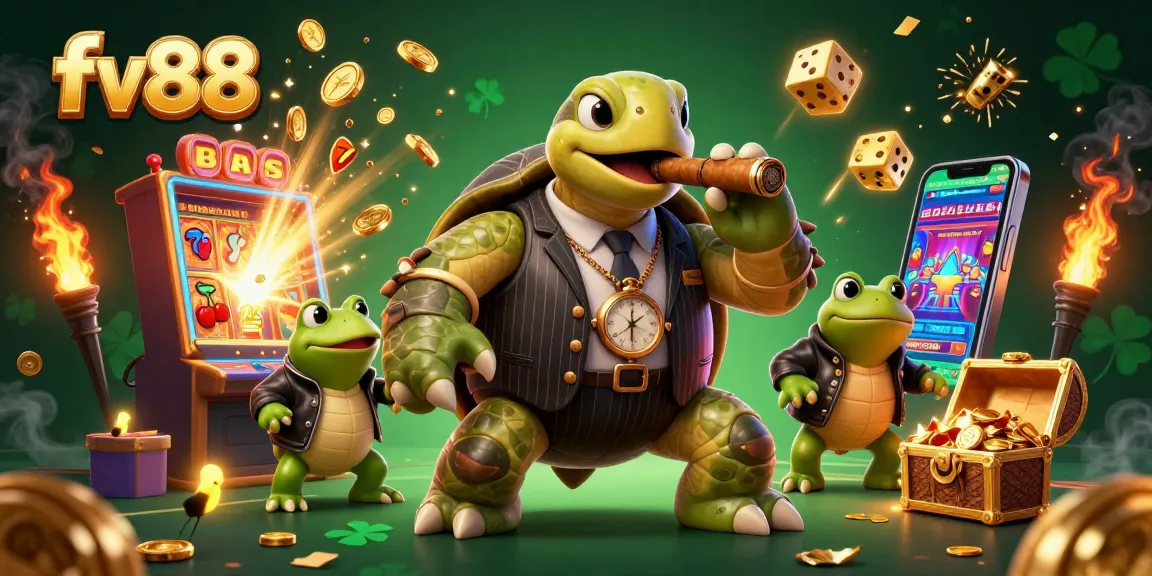 Experience excitement at FV88 casino with a 3D scene of a snapping turtle and bullfrogs amidst slot machines and gold.