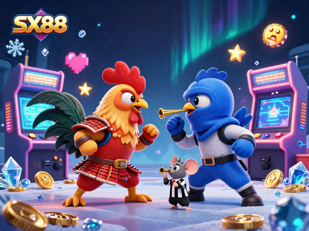 SX88 showcases cartoon roosters in a gambling-themed showdown with dynamic game elements.