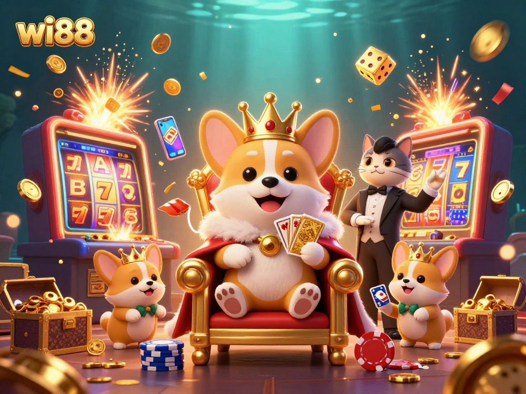 Experience the thrill of wi88 with a joyful royal corgi amidst vibrant casino elements.