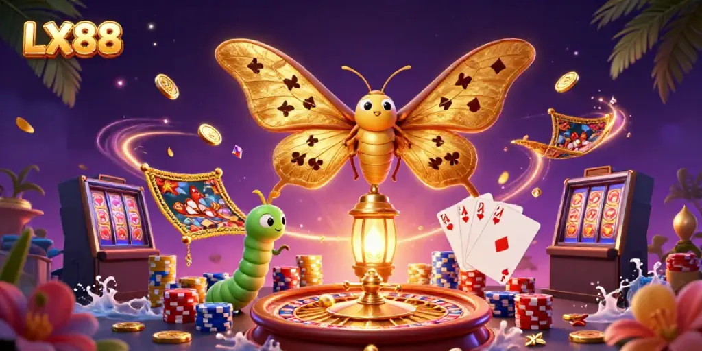 Engage with LX88 online casino excitement featuring casino-themed illustrations.