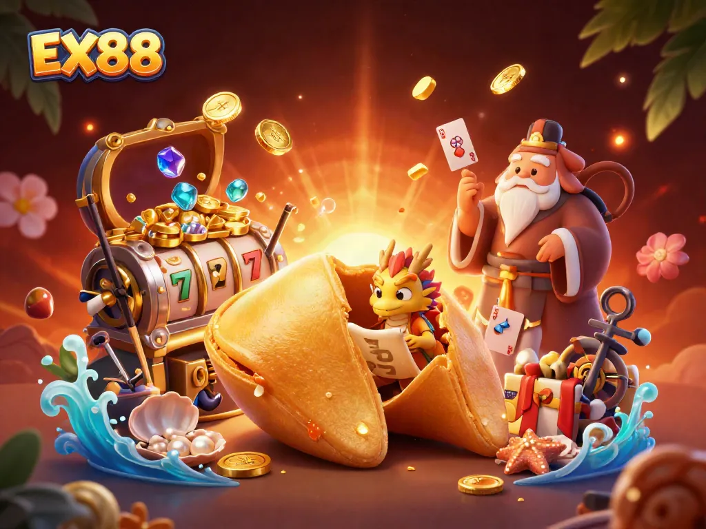Join the EX88 adventure in this vibrant casino scene featuring gold-coated treasures and engaging elements.