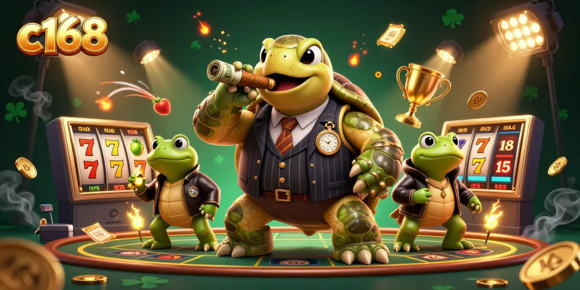 Hình ảnh c168- Một con rùa bự trong bộ đồ mobster cùng những đồng tiền vàng và biểu tượng may mắn.