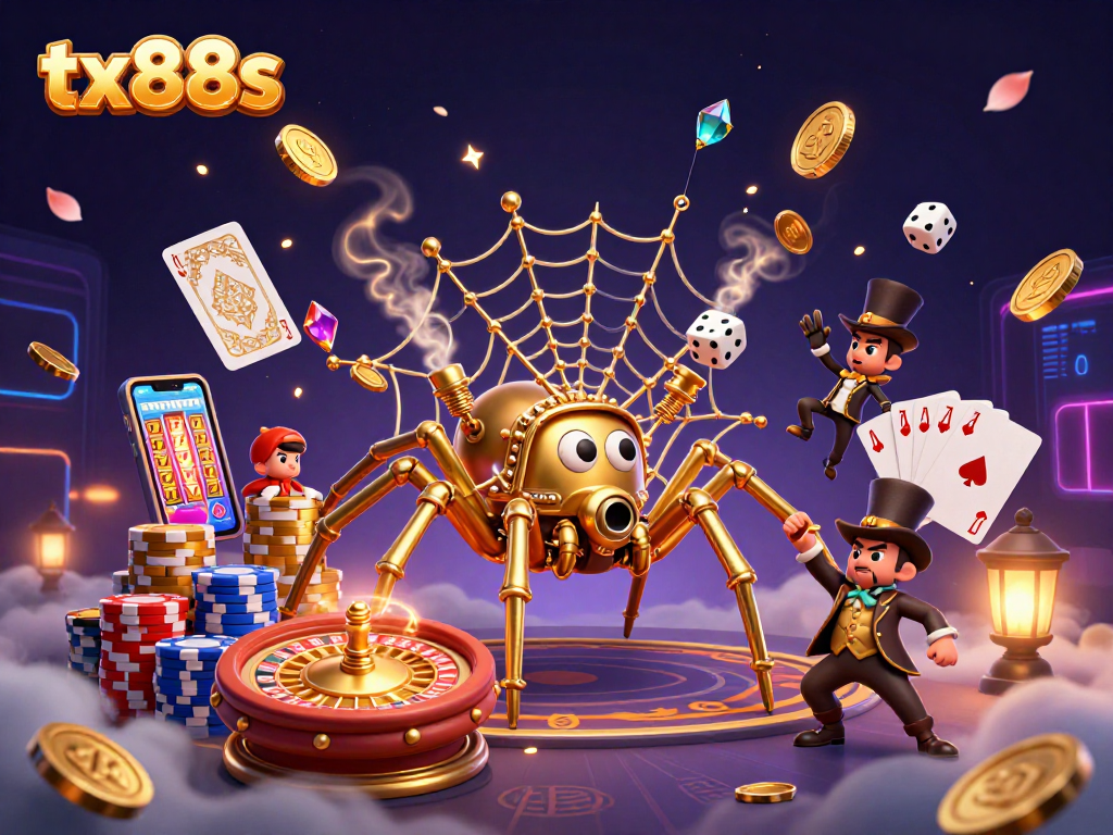 Capture winnings at tx88s with a lively 3D casino scene featuring a steampunk spider and winning symbols.