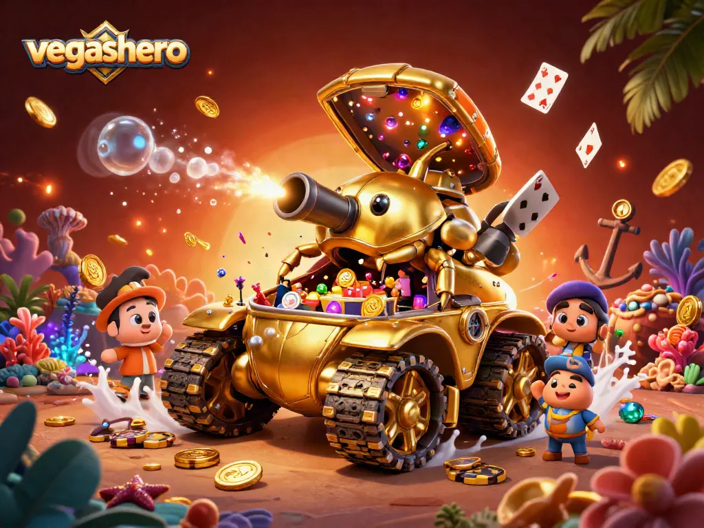 Experience the thrill of vegashero with a dynamic casino scene inside a golden tank.