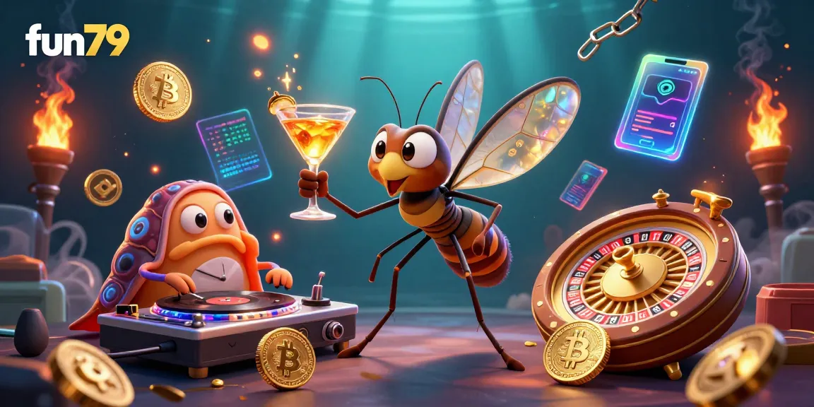 Experience fun79 with a vibrant casino mascot and dynamic gaming elements in a colorful 3D illustration.