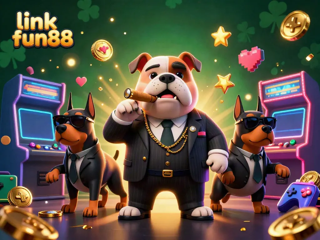 Engage in thrilling gaming with link fun88, featuring a mafia bulldog and Doberman guards in an exciting casino atmosphere.