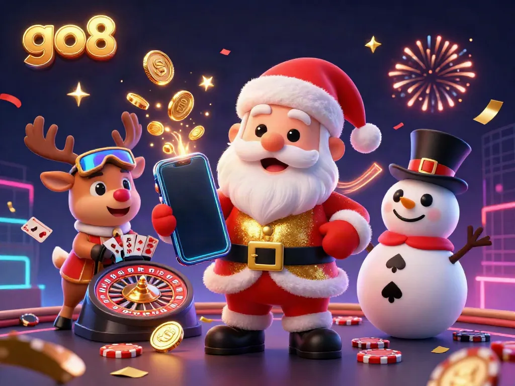 Experience the excitement of go8 with Santa in a golden casino outfit using a smartphone for jackpots, surrounded by festive game elements.