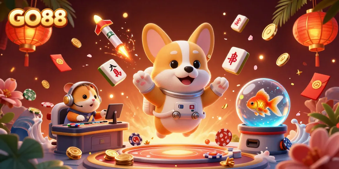 Experience the excitement of GO88 casino with a whimsical floating corgi and vibrant gaming elements in this 3D scene.