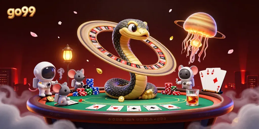 Experience thrilling bets at go99 with a 3D cartoon scene of a roulette wheel and cosmic elements.