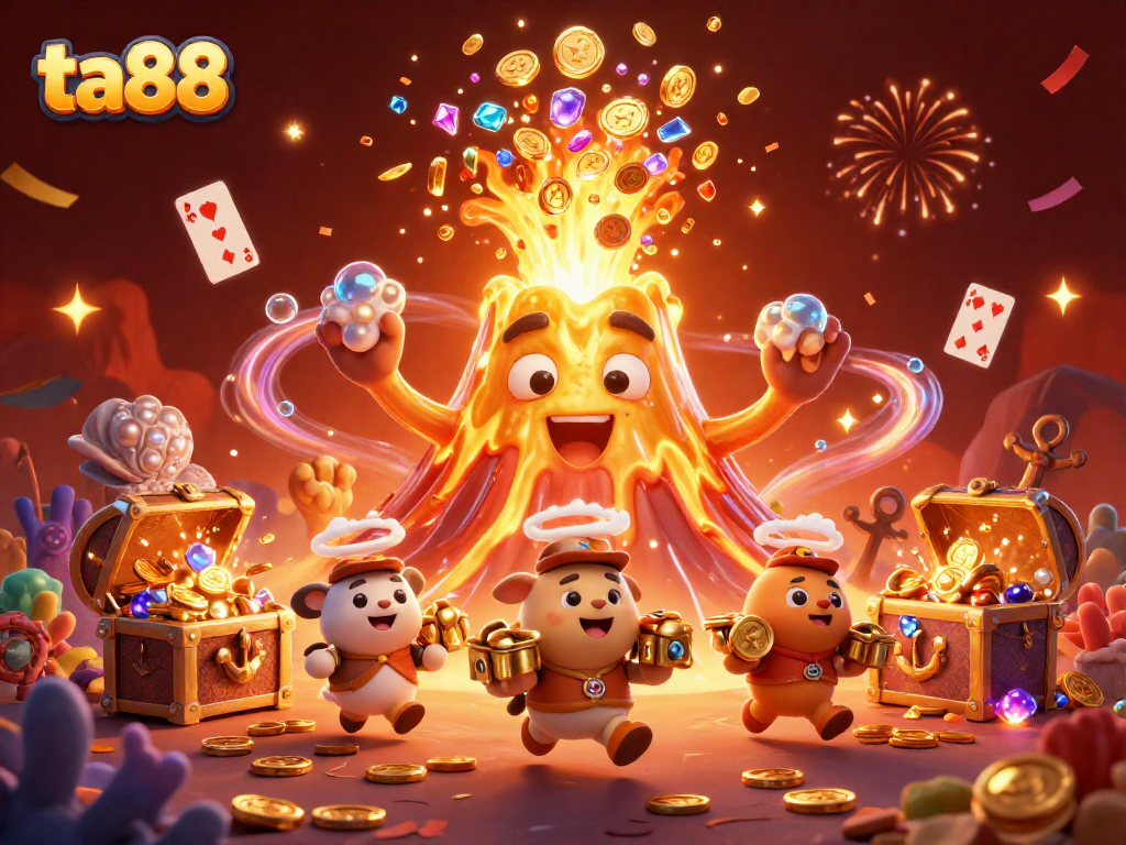 Engage with ta88's thrilling casino experience illustrated with a golden volcano and fleeing treasure-decked animals.