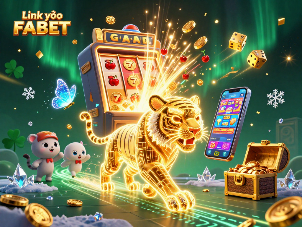 Experience excitement with Link vào FABET through a vibrant 3D casino scene bustling with gaming action.