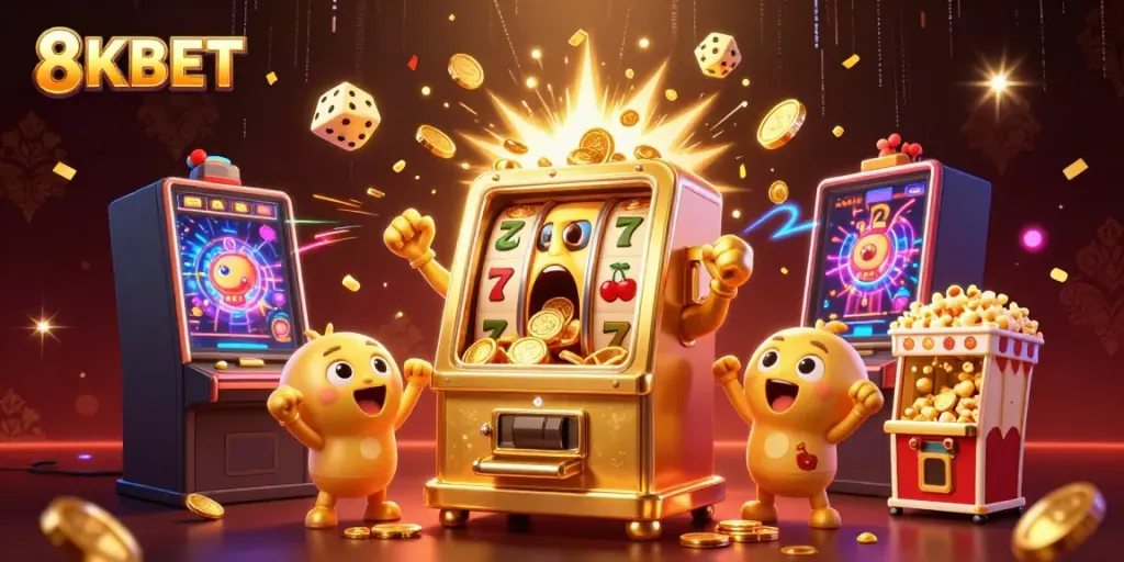 8KBET jackpot celebration scene with vibrant slot machines and coins flying around