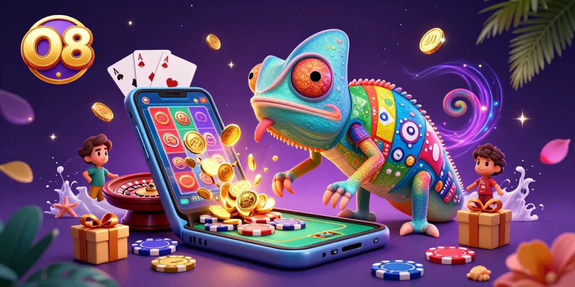 O8 casino chameleon owner enjoying exciting games surrounded by vibrant slot and poker elements.