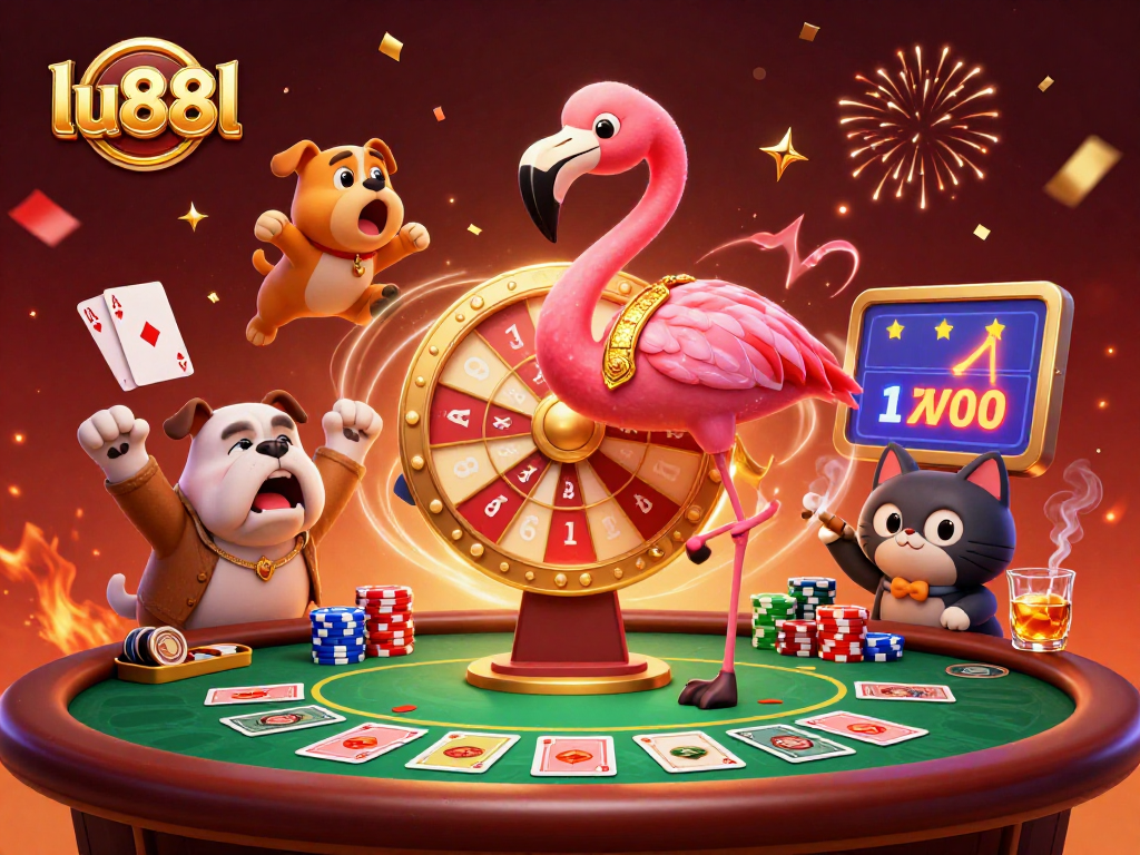 Lu88l presents an exciting casino scene with a flamingo host, bulldog contestant, and lively poker action.
