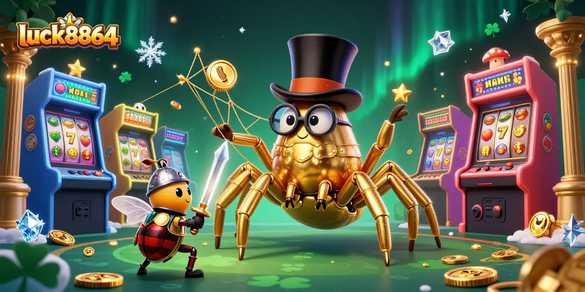 Experience luck8864's vibrant gaming adventure featuring a golden tarantula and beetle knight in a casino.
