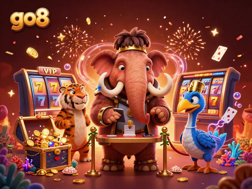 go8 casino illustration featuring a woolly mammoth bouncer, saber-tooth tiger guest, and dodo doorman with vibrant slot and decorative elements