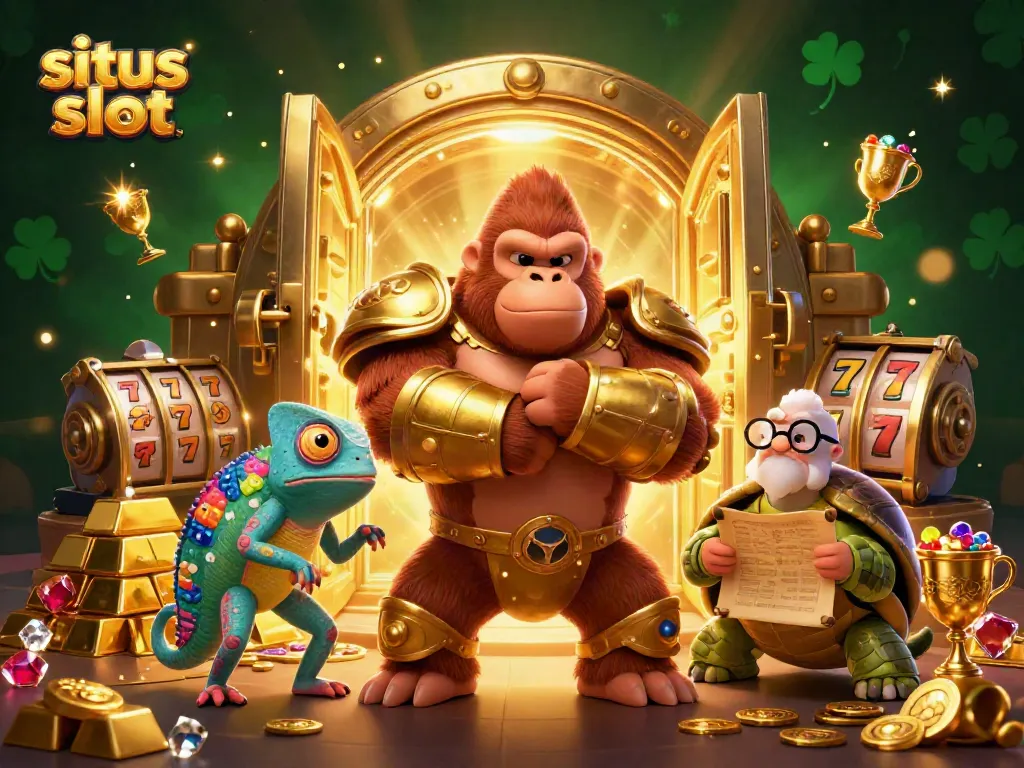 Engage in thrilling adventures at situs slot with a gorilla king and colorful companions in a dynamic casino scene.
