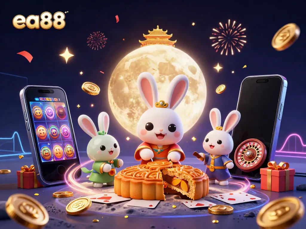 Experience the excitement of ea88 with a whimsical moon rabbit and casino elements in a vibrant 3D scene.