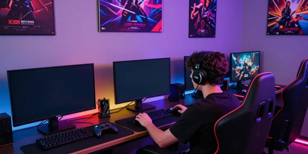 Dynamic gaming setup showcasing ku88 games with vibrant LED lighting and gaming accessories.