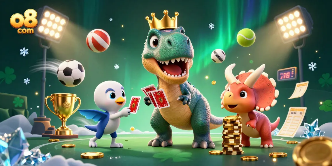 Play at o8 com with a fun scene of a T-Rex shuffling cards and stacking chips while enjoying vibrant casino elements.