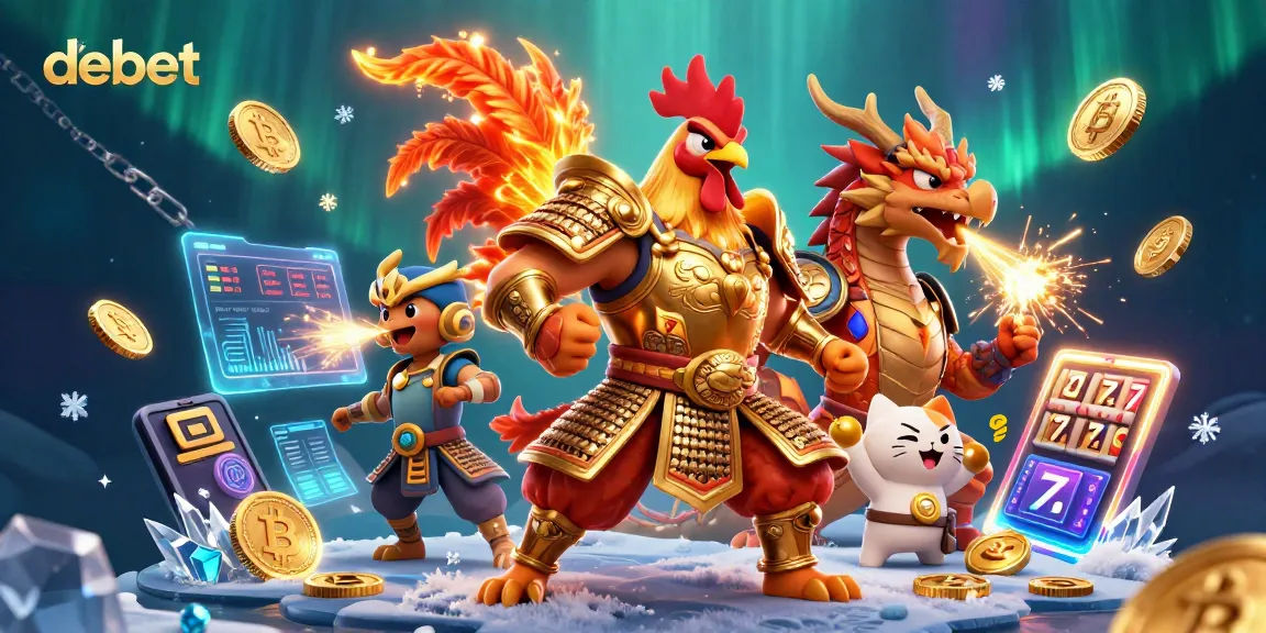 Engage with debet at the vibrant casino, featuring a rooster warrior and dragon hatchling.