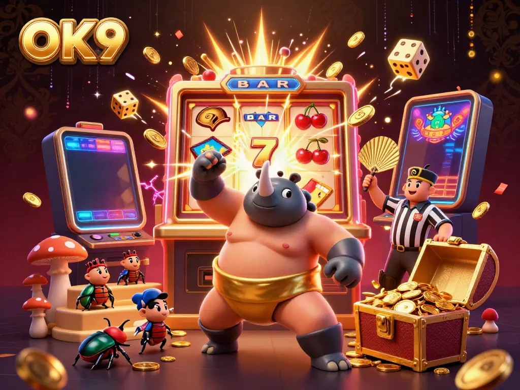 Experience thrilling games at OK9 with a vibrant 3D scene showcasing a beetle sumo champion.