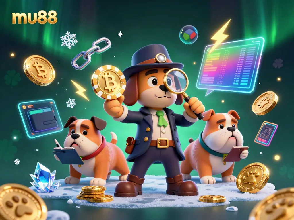 Experience thrilling gaming at mu88 with our lively illustration featuring detectives and crypto elements.