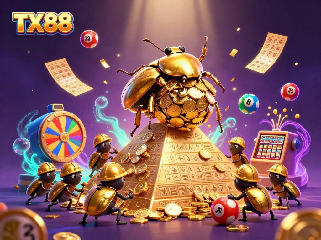 Experience the vibrant TX88 casino world with the golden beetle rolling treasure, lottery balls, and dazzling game elements.