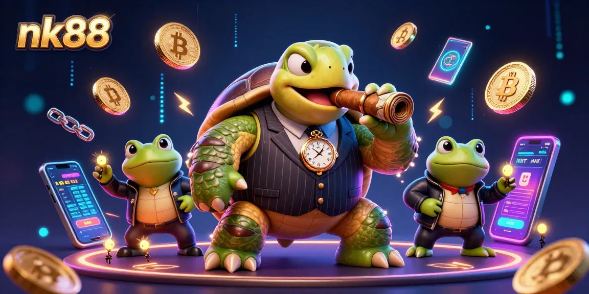 nk88 players engage in thrilling slot games, surrounded by vibrant casino elements and crypto excitement.