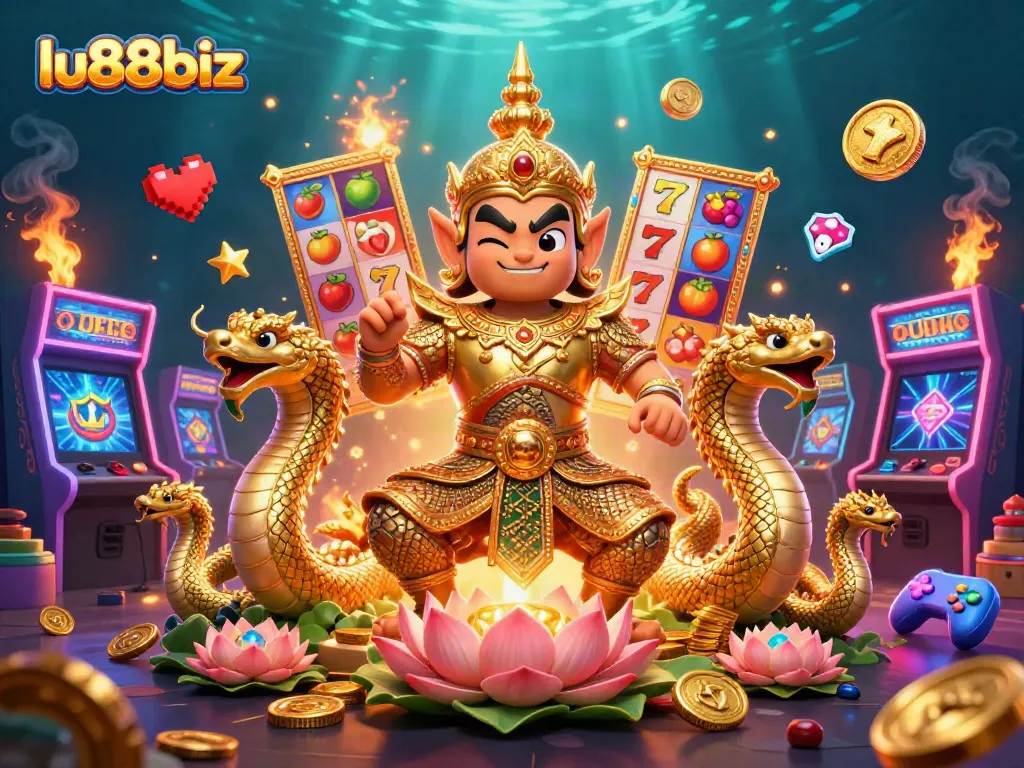 Experience thrilling gaming action at lu88biz with vibrant slot reels and colorful casino characters.