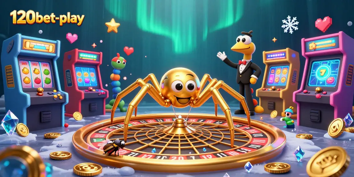 Engage with 120bet-play's vibrant casino scene featuring a golden spider and classic gaming elements.