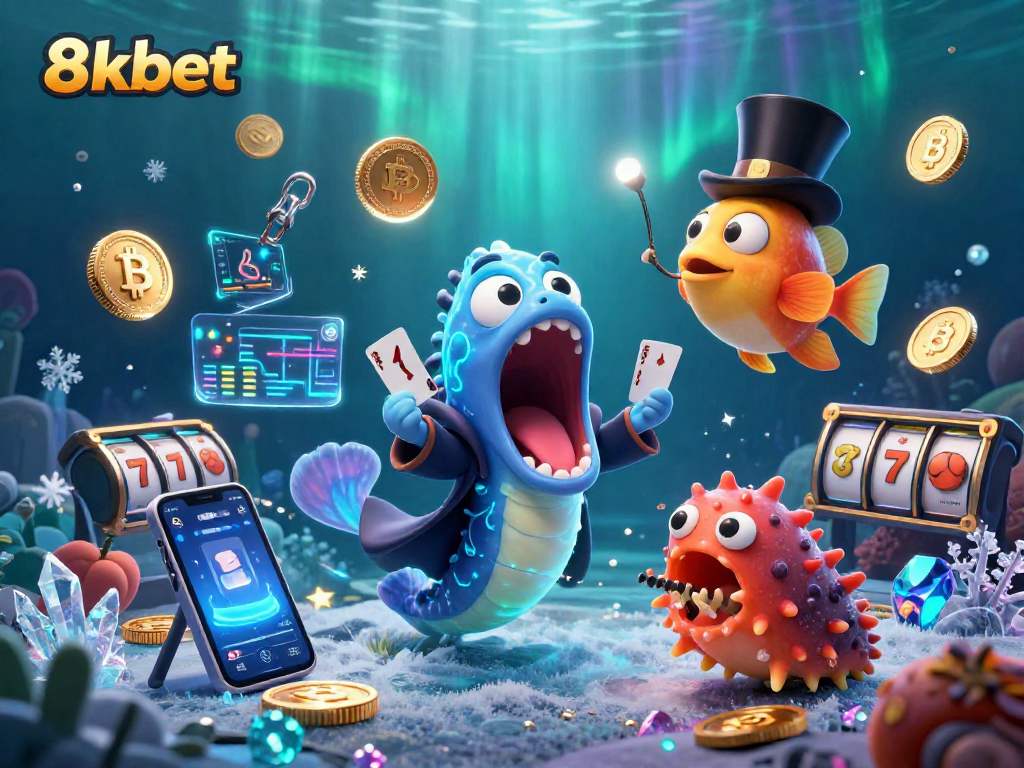 Experience exciting card tricks with 8kbet's magical underwater casino scene in vibrant colors.