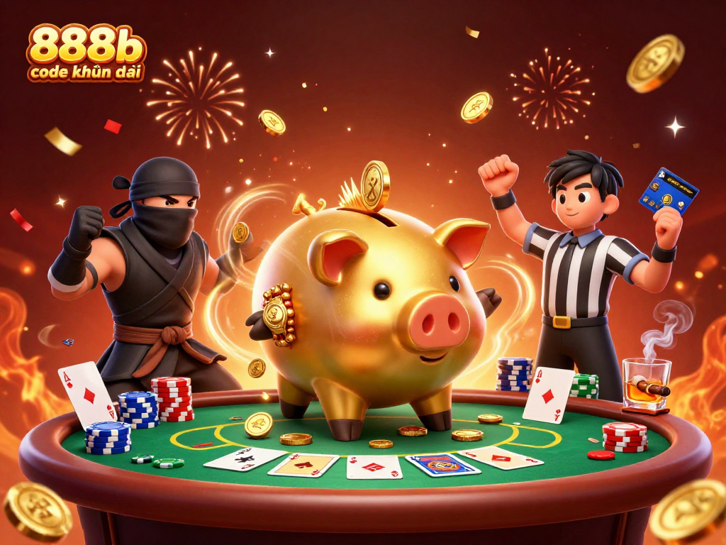 Join the action with the 888b code khuyến mãi featuring fun characters at a poker table in a vibrant celebration.