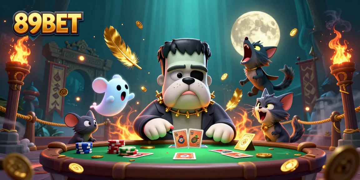 Engage in thrilling 89BET gaming with a 3D Frankenstein bulldog dealer, vibrant casino scene.