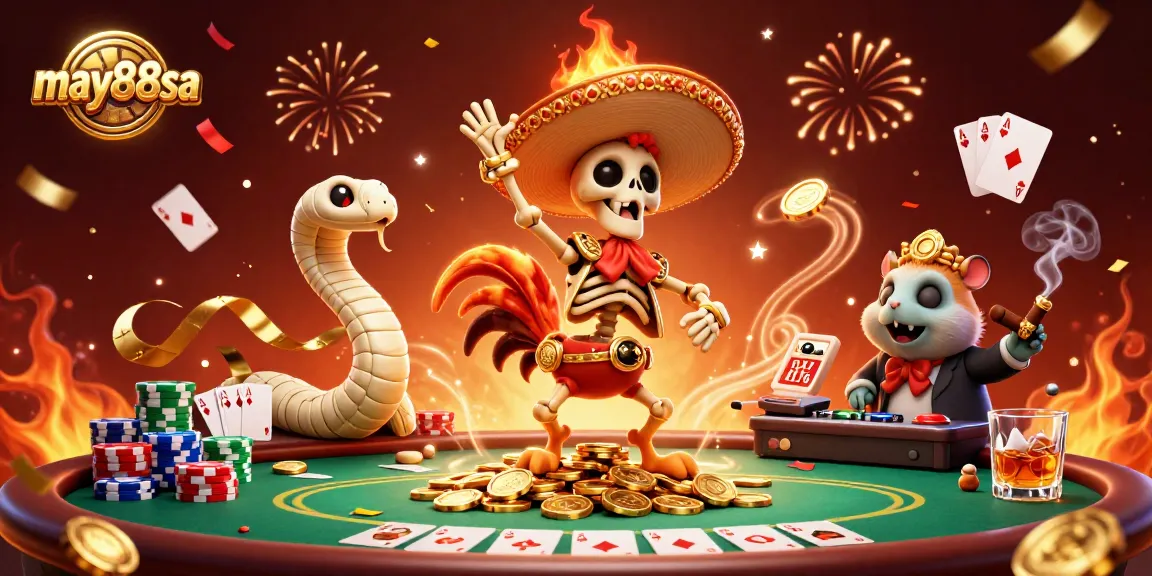 Experience the excitement of may88sa gaming with a vibrant 3D illustration of thrilling casino festivities.