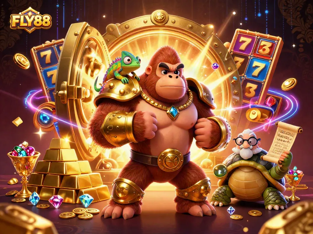 Engage with FLY88's vibrant 3D gaming world, featuring dynamic characters and casino treasures.