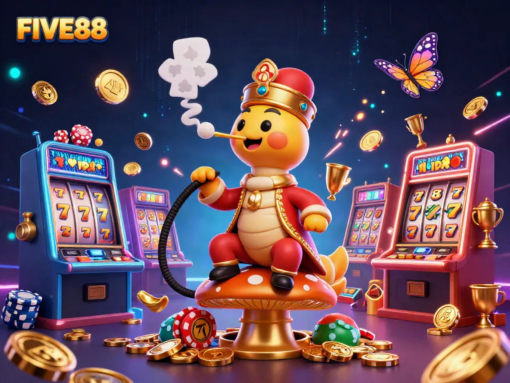 Engage in the excitement of FIVE88 with a vibrant 3D casino scene showcasing slot machines, a whimsical caterpillar, and gold coins.