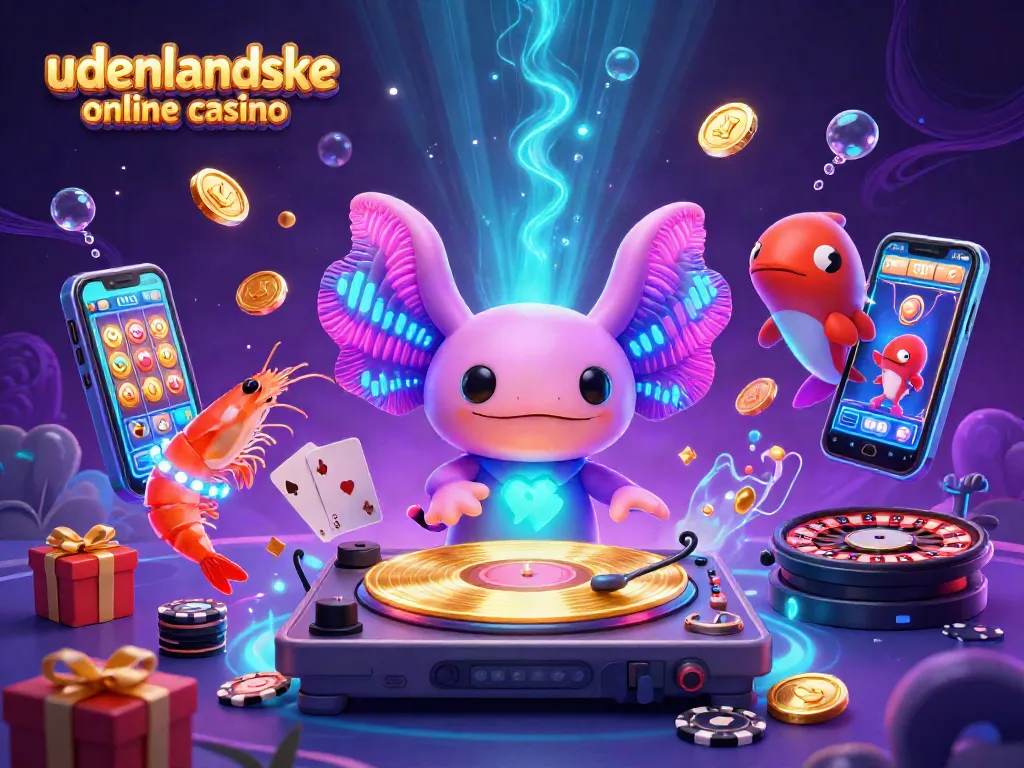 Engage with the vibrant scene of udenlandske online casino, featuring an axolotl DJ, shrimp dancers, and rich slot game elements.