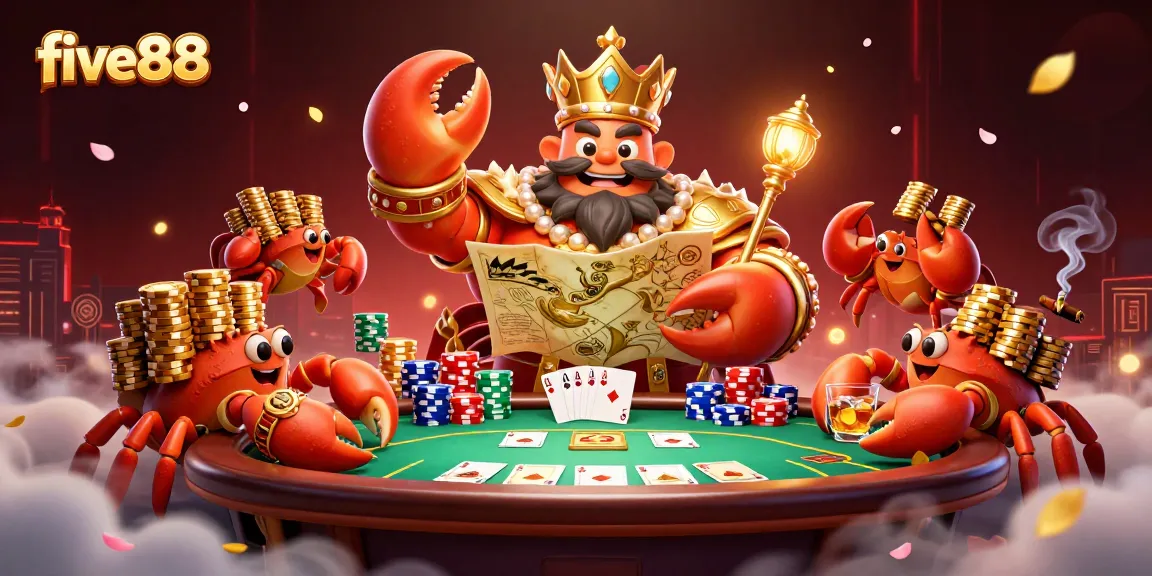 Engage with five88's vibrant casino adventure featuring a golden crab emperor surrounded by poker elements.