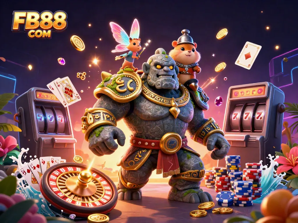 Experience the thrill of FB88 COM with a 3D golem and magical elements in a vibrant casino scene.