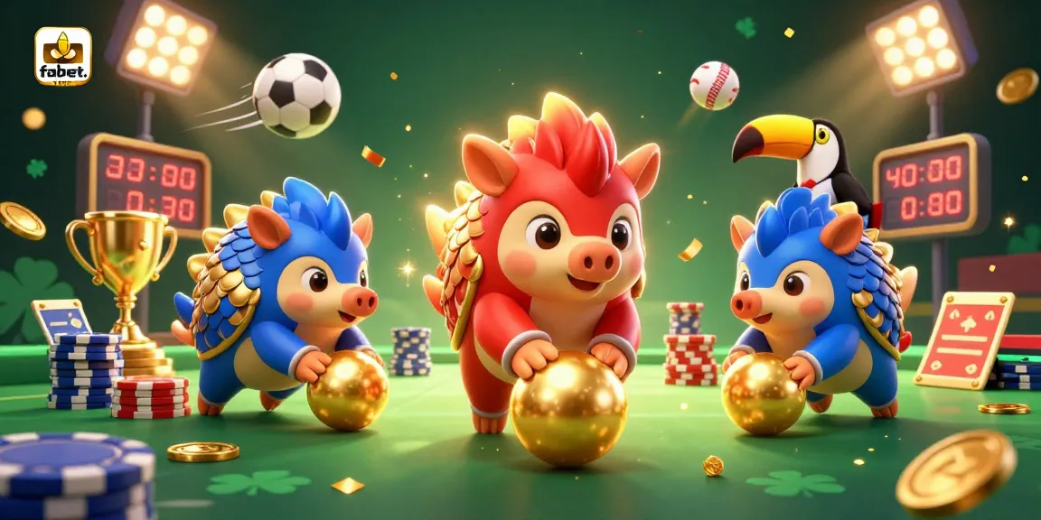 Engage with fabet. com as rival pangolins roll golden balls in a vibrant casino scene filled with trophies and sports elements.