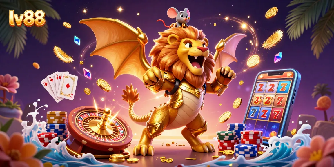 Experience the thrill of lv88 with a vibrant casino scene featuring a unique chimera creature amidst dynamic gambling elements.