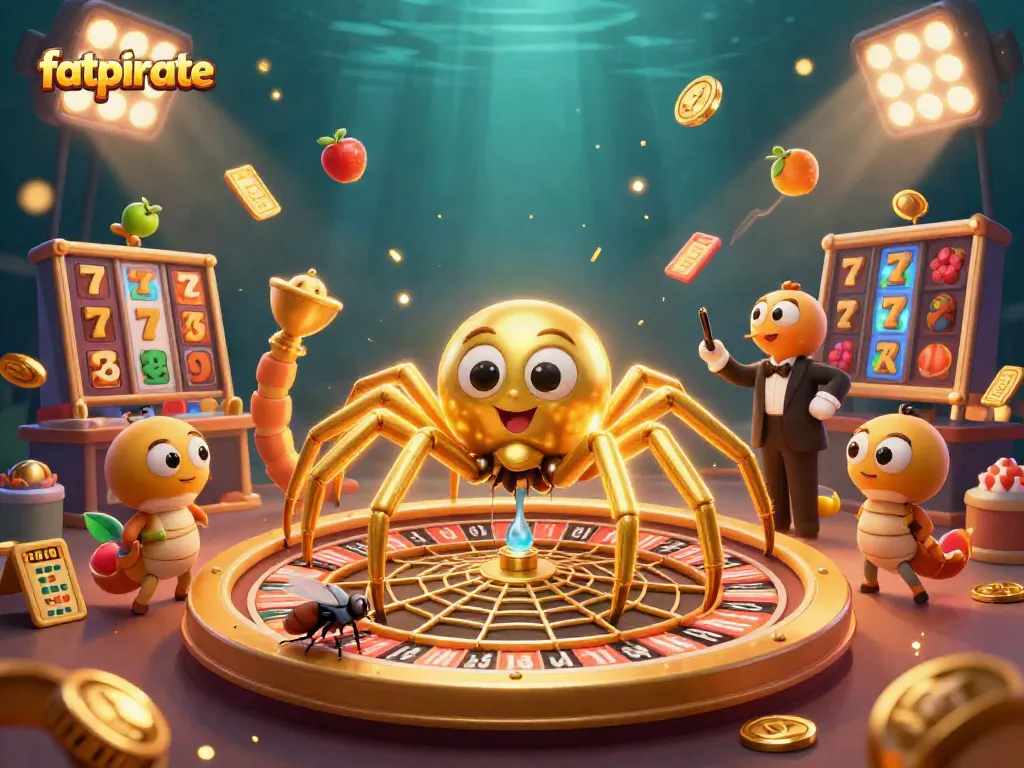 Experience the excitement of fatpirate casino with a dynamic illustration of a golden spider and centipede croupier.
