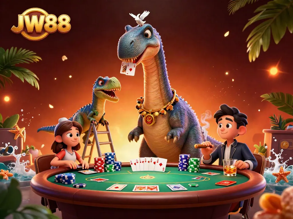 JW88 cartoon illustration featuring a dinosaur and dealer at a vibrant casino scene.