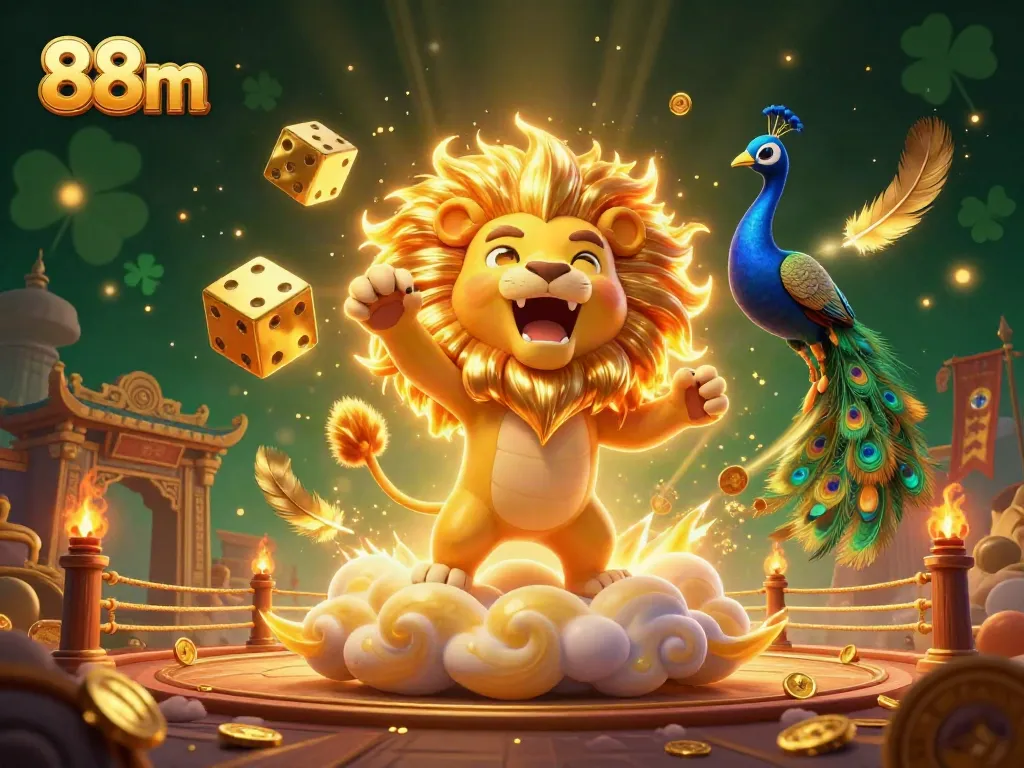 Engage with 88m's vibrant casino adventure featuring a roaring sun lion and golden dice in a rich 3D environment.