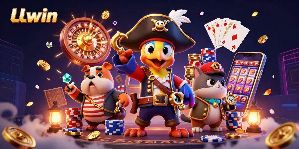 Exciting LLwin online casino scene featuring dynamic characters amidst 3D gambling elements and treasures.