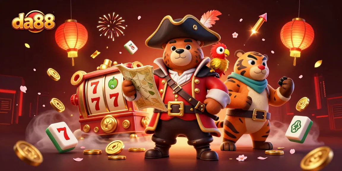 Engage in the da88 slots action with a vibrant 3D illustration of a pirate bear, tiger, and parrot amidst rich casino elements.