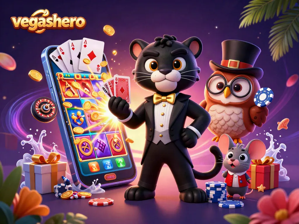 Engaging scene at vegashero with a panther dealer, owl, and mouse amidst vibrant casino elements.